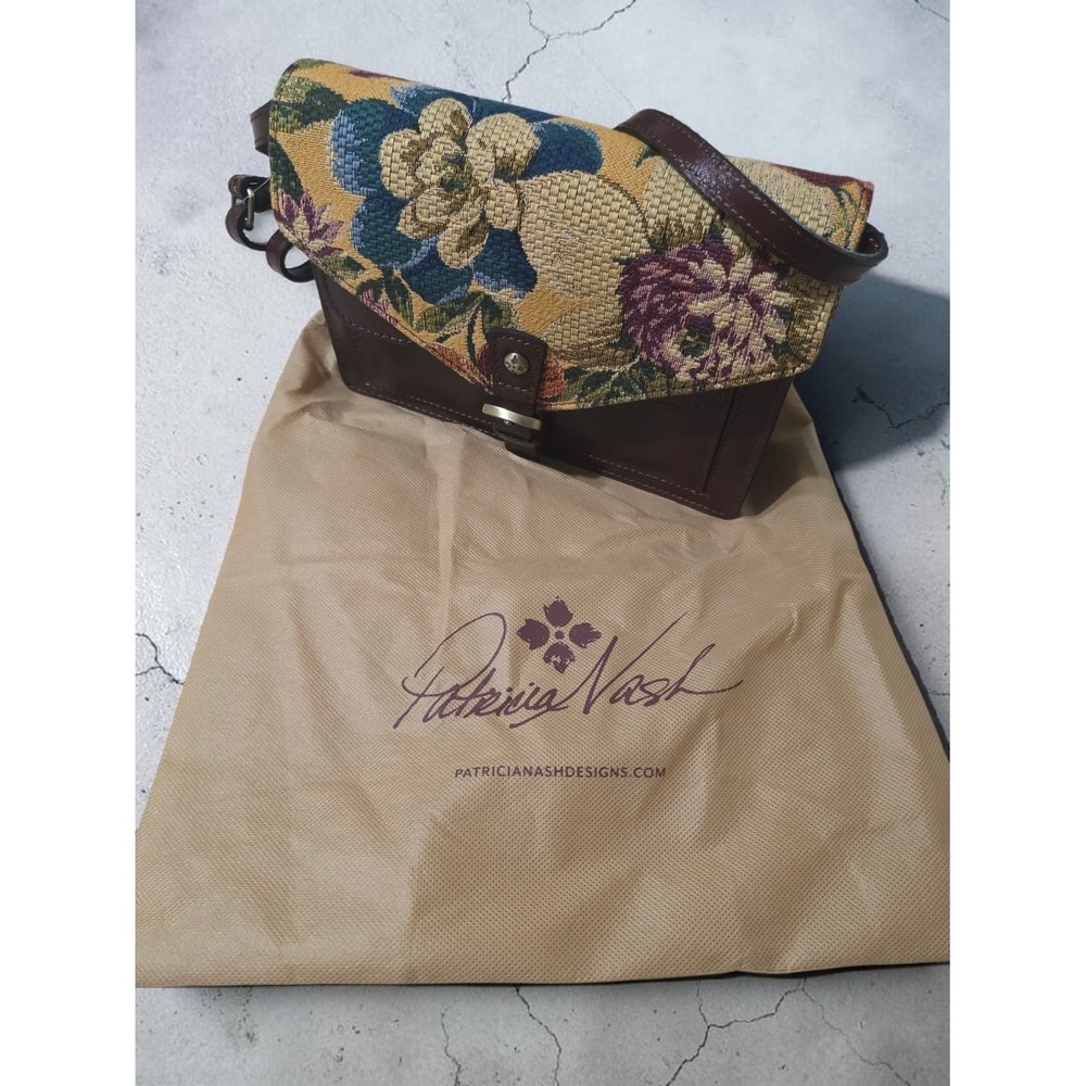 Patricia Nash Brown Leather Crossbody with Multicolor Floral Tapestry Flap